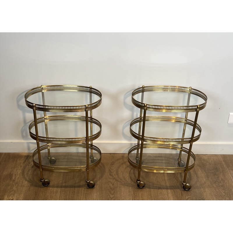 Pair of Oval Brass Bar Carts with Three Tiers and Openwork | Maison Barrois