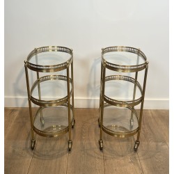 Pair of Oval Brass Bar Carts with Three Tiers and Openwork | Maison Barrois