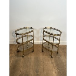 Pair of Oval Brass Bar Carts with Three Tiers and Openwork | Maison Barrois