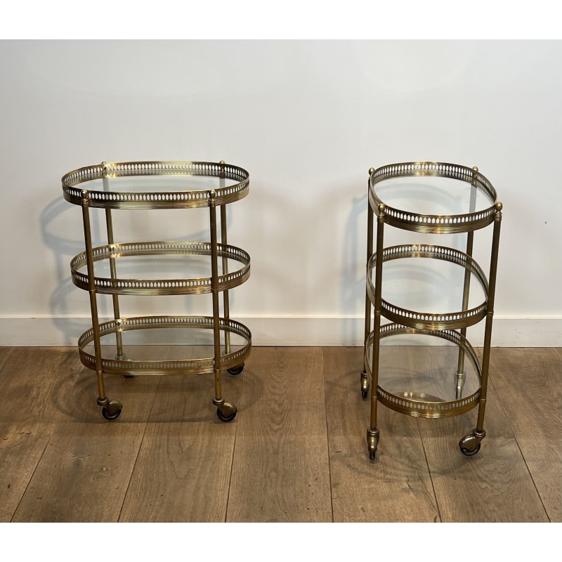 Pair of Oval Brass Bar Carts with Three Tiers and Openwork | Maison Barrois