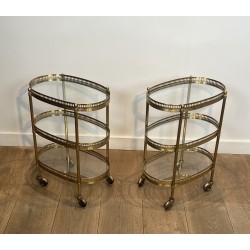 Pair of Oval Brass Bar Carts with Three Tiers and Openwork | Maison Barrois