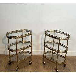 Pair of Oval Brass Bar Carts with Three Tiers and Openwork | Maison Barrois