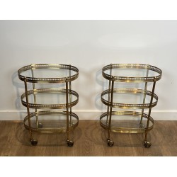 Pair of Oval Brass Bar Carts with Three Tiers and Openwork | Maison Barrois