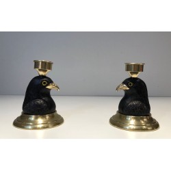 Pair of Carved Wood Eagle Candlesticks, Brass & Glass, Stamped Houy Pouiga, circa 1970