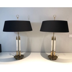 Pair of Neoclassical Brass and White Lacquered Table Lamps, French, circa 1940