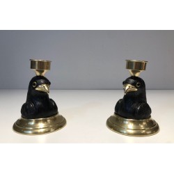 Paire de Bougeoirs Aigles en Bois Sculpté, Laiton et Verre, Estampillé Houy Pouiga, vers 1970