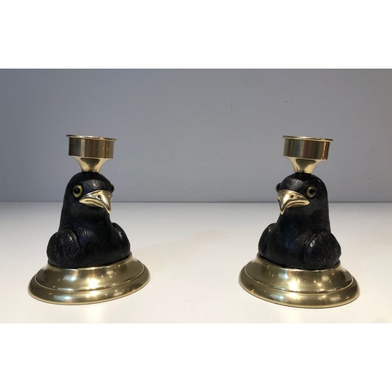 Paire de Bougeoirs Aigles en Bois Sculpté, Laiton et Verre, Estampillé Houy Pouiga, vers 1970