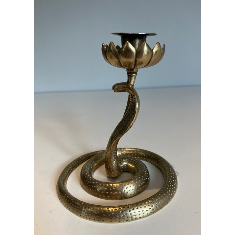 Paire de Bougeoirs en Bronze Ciselé aux Cobras, Art Déco, Travail Français, vers 1940