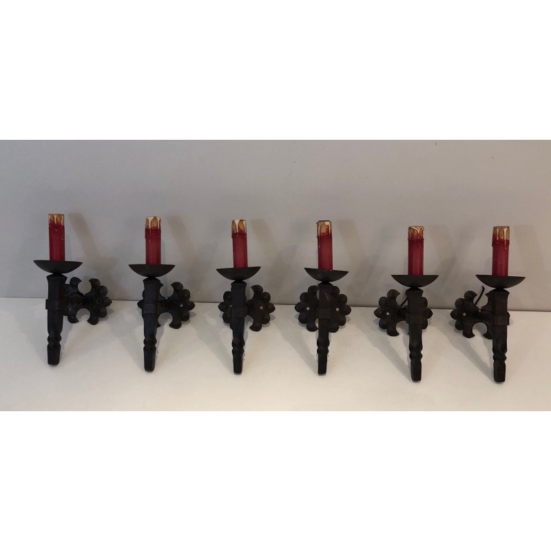 Suite de Six Appliques en Fer Forgé en Forme de Torche à F | Maison Barrois