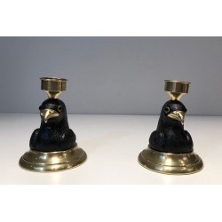 Pair of Carved Wood Eagle Candlesticks, Brass & Glass, Stamped Houy Pouiga, circa 1970