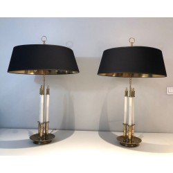 Paire de Lampes en Laiton et Laque Blanche, Style Néoclassique, Travail Français, vers 1940