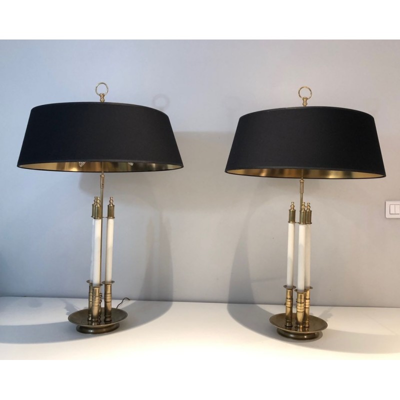 Paire de Lampes en Laiton et Laque Blanche, Style Néoclassique, Travail Français, vers 1940