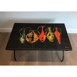 Wrought Iron Coffee Table with a Top of Ceramic Tiles Depi | Maison Barrois