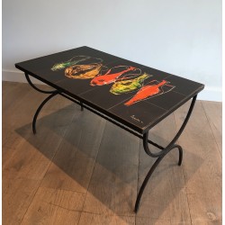 Wrought Iron Coffee Table with a Top of Ceramic Tiles Depi | Maison Barrois