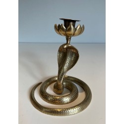 Pair of Chiselled Bronze Cobra Candlesticks, Art Déco, French, circa 1940