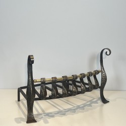 Hammered Wrought Iron Fire Grate with Volutes and Brass Cr | Maison Barrois