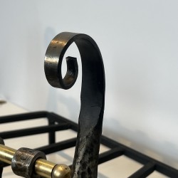Hammered Wrought Iron Fire Grate with Volutes and Brass Cr | Maison Barrois