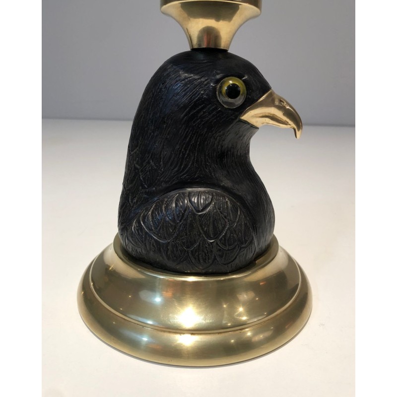 Pair of Carved Wood Eagle Candlesticks, Brass & Glass, Stamped Houy Pouiga, circa 1970