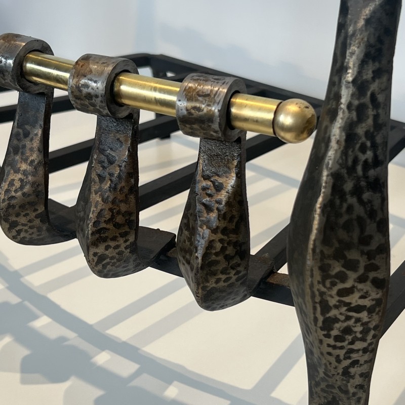Hammered Wrought Iron Fire Grate with Volutes and Brass Cr | Maison Barrois