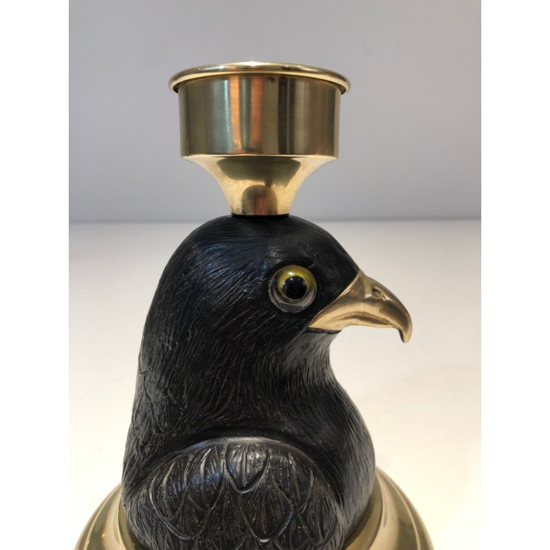 Paire de Bougeoirs Aigles en Bois Sculpté, Laiton et Verre, Estampillé Houy Pouiga, vers 1970