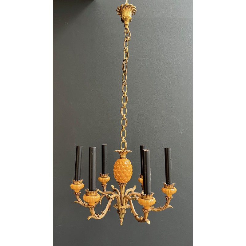 Lustre Ananas en Céramique Émaillée Jaune et Bronze Doré à | Maison Barrois