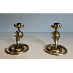 Pair of Chiselled Bronze Cobra Candlesticks, Art Déco, French, circa 1940