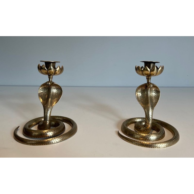 Pair of Chiselled Bronze Cobra Candlesticks, Art Déco, French, circa 1940