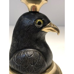 Paire de Bougeoirs Aigles en Bois Sculpté, Laiton et Verre, Estampillé Houy Pouiga, vers 1970