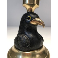 Pair of Carved Wood Eagle Candlesticks, Brass & Glass, Stamped Houy Pouiga, circa 1970