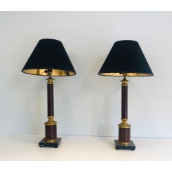 Pair of Neoclassical Faux-Bois Metal and Brass Table Lamps, French, circa 1940
