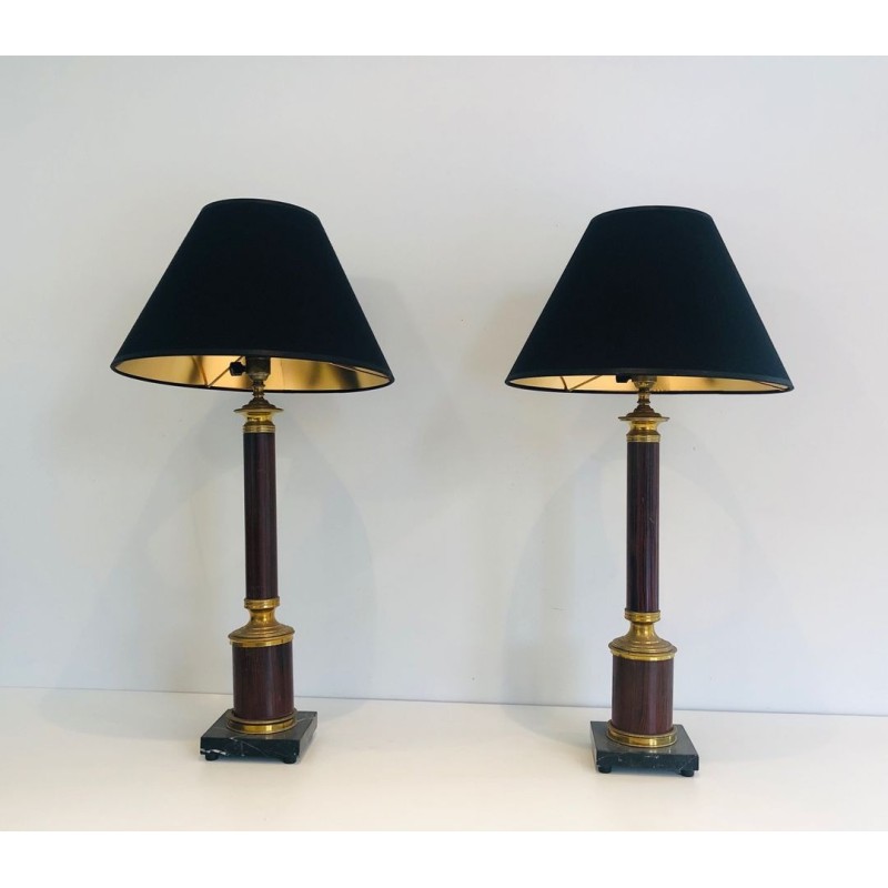 Paire de Lampes Néoclassiques en Métal Faux-Bois et Laiton, Travail Français, vers 1940