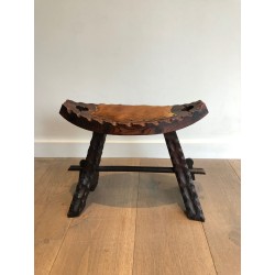 Brutalist Stool in Carved Wood with Hide Seat, Spanish Wor | Maison Barrois