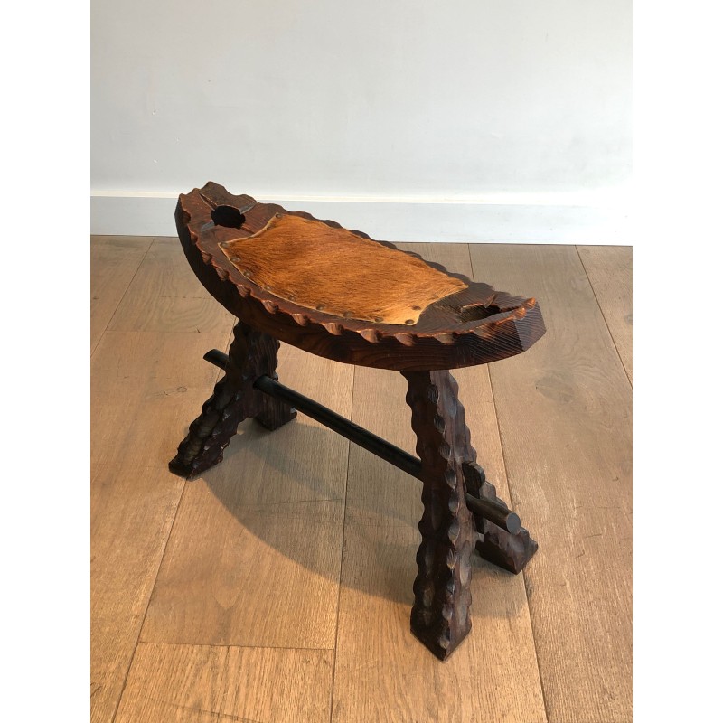Brutalist Stool in Carved Wood with Hide Seat, Spanish Wor | Maison Barrois