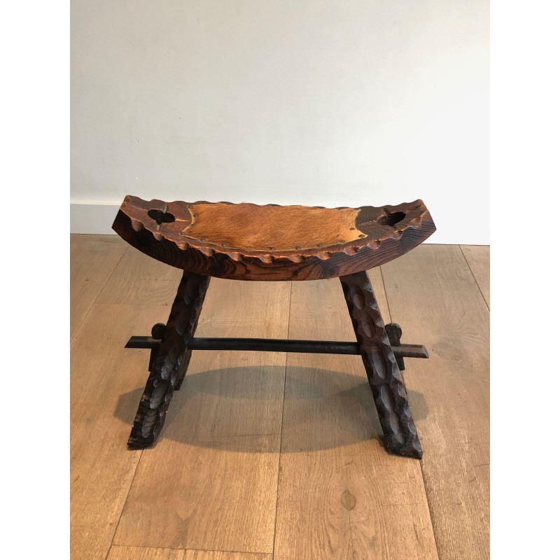 Brutalist Stool in Carved Wood with Hide Seat, Spanish Wor | Maison Barrois