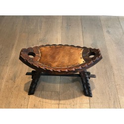 Brutalist Stool in Carved Wood with Hide Seat, Spanish Wor | Maison Barrois