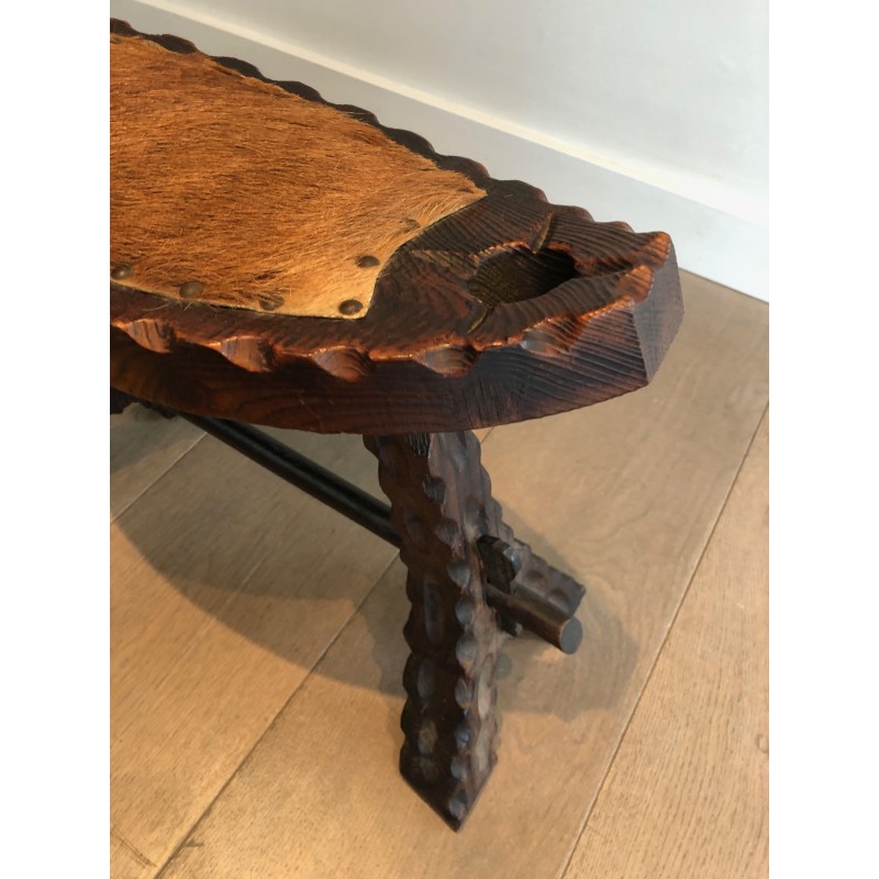 Brutalist Stool in Carved Wood with Hide Seat, Spanish Wor | Maison Barrois