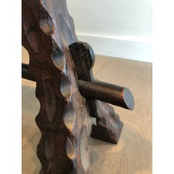 Brutalist Stool in Carved Wood with Hide Seat, Spanish Wor | Maison Barrois