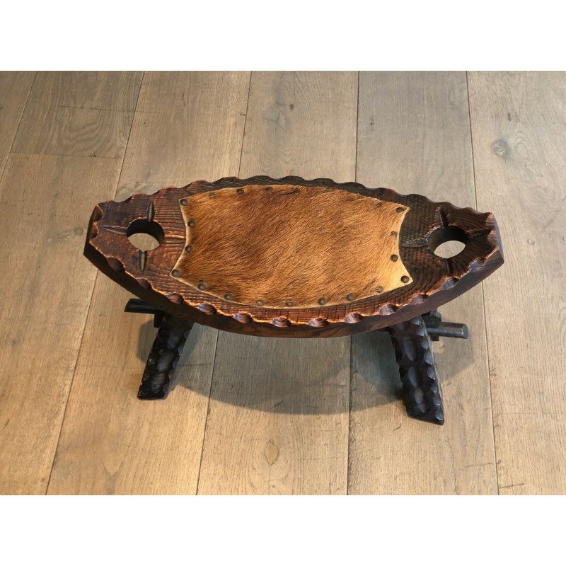 Brutalist Stool in Carved Wood with Hide Seat, Spanish Wor | Maison Barrois