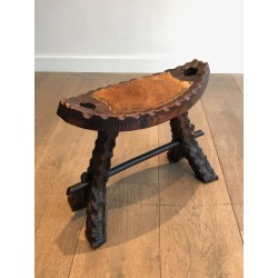 Brutalist Stool in Carved Wood with Hide Seat, Spanish Wor | Maison Barrois