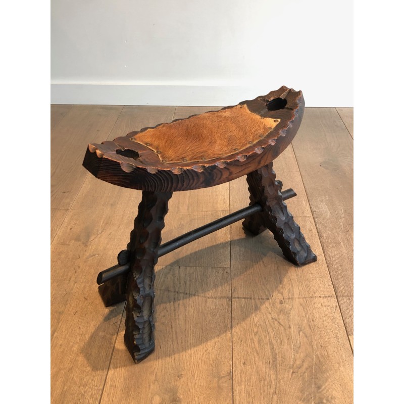 Brutalist Stool in Carved Wood with Hide Seat, Spanish Wor | Maison Barrois