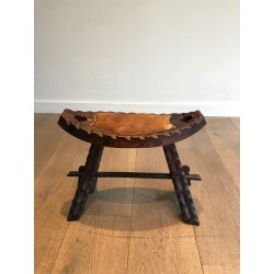 Brutalist Stool in Carved Wood with Hide Seat, Spanish Wor | Maison Barrois