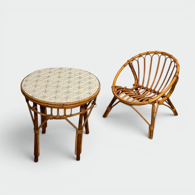 Ensemble d'une Table et d'une Chaise pour Enfant en Rotin, | Maison Barrois