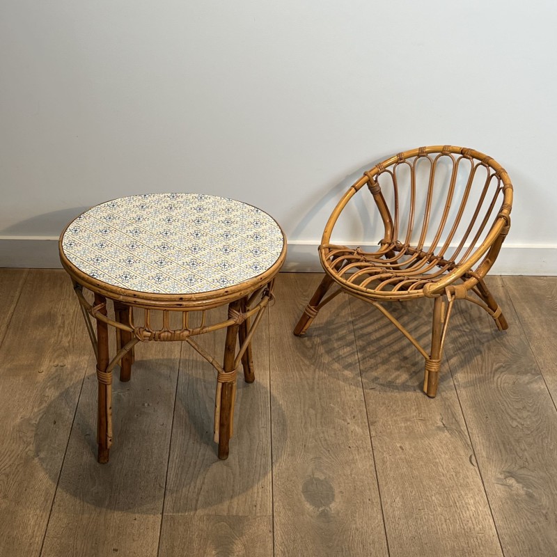 Ensemble d'une Table et d'une Chaise pour Enfant en Rotin, | Maison Barrois