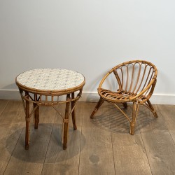 Set of a Child's Table and Chair in Rattan, Ceramic Tile T | Maison Barrois