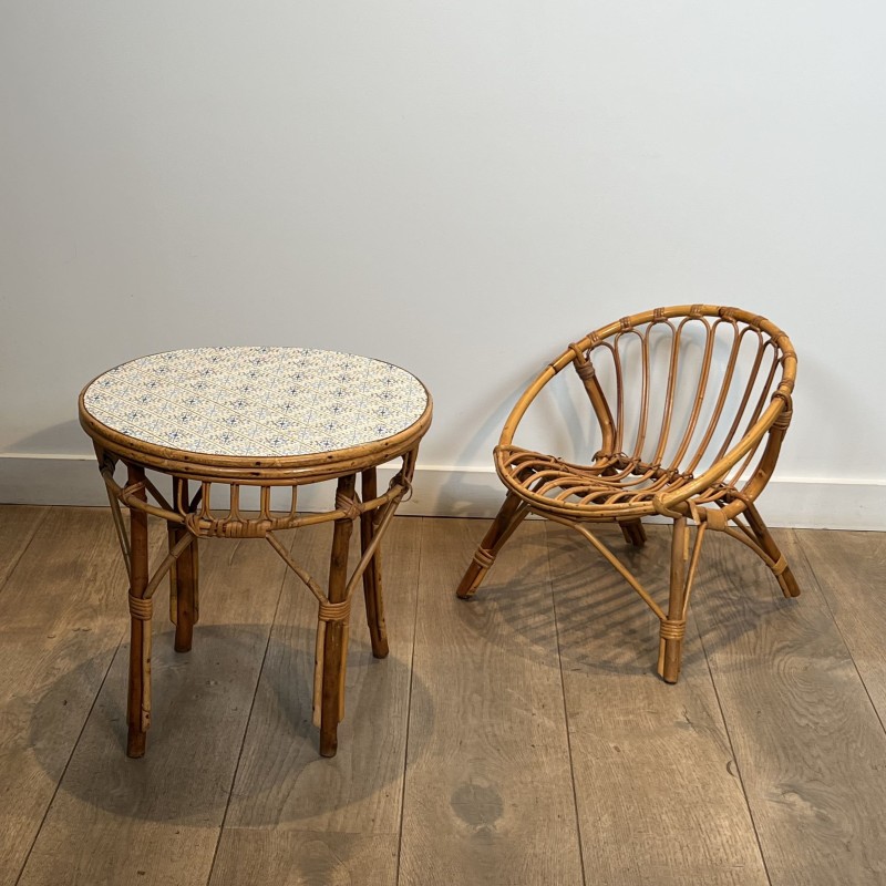 Set of a Child's Table and Chair in Rattan, Ceramic Tile T | Maison Barrois
