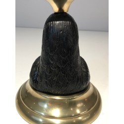 Paire de Bougeoirs Aigles en Bois Sculpté, Laiton et Verre, Estampillé Houy Pouiga, vers 1970