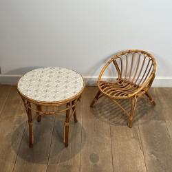 Set of a Child's Table and Chair in Rattan, Ceramic Tile T | Maison Barrois