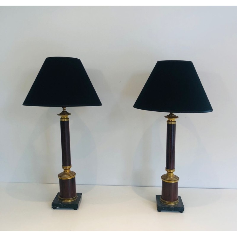Pair of Neoclassical Faux-Bois Metal and Brass Table Lamps, French, circa 1940