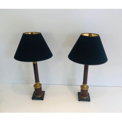 Pair of Neoclassical Faux-Bois Metal and Brass Table Lamps, French, circa 1940