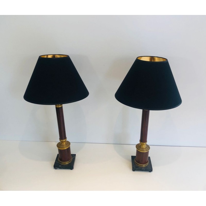Pair of Neoclassical Faux-Bois Metal and Brass Table Lamps, French, circa 1940
